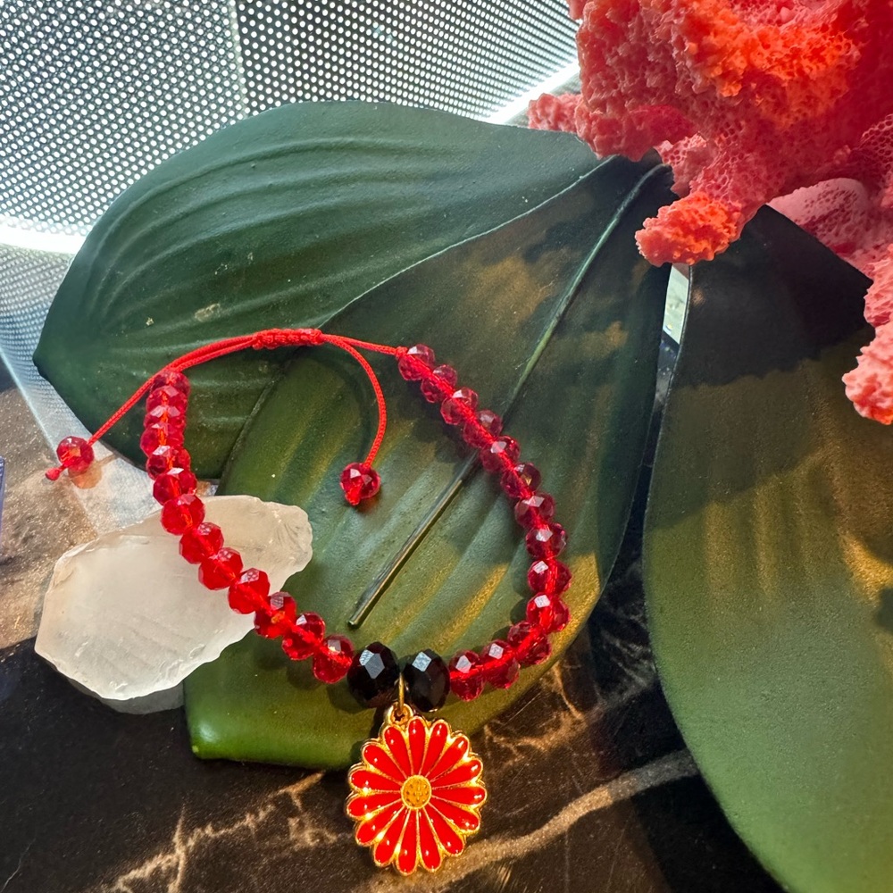 Elegant Red Beaded Bracelet with Floral Charm